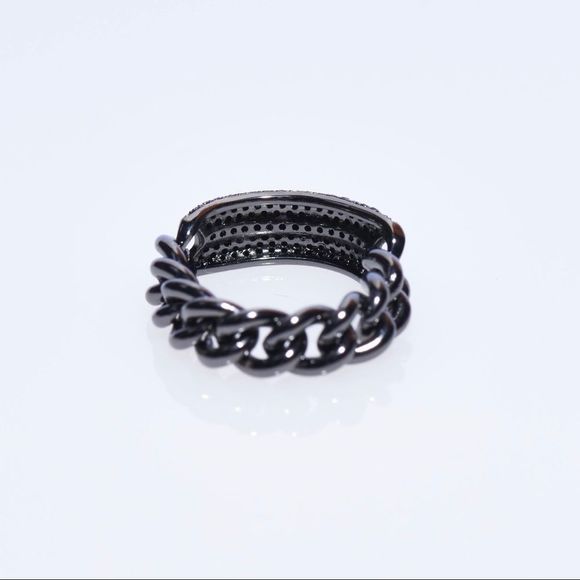 GUNMETAL ARTICULATED CUBAN CHAIN LINK ID RING WITH BLACK MICRO CZs SIGNET BOHO - Picture 6 of 6